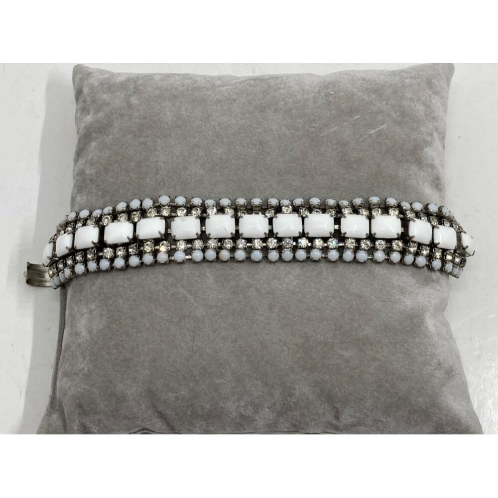Vintage Milk Glass Rhinestone Bracelet With Silver-Tone Metal & Secure Clasp - Picture 2 of 7